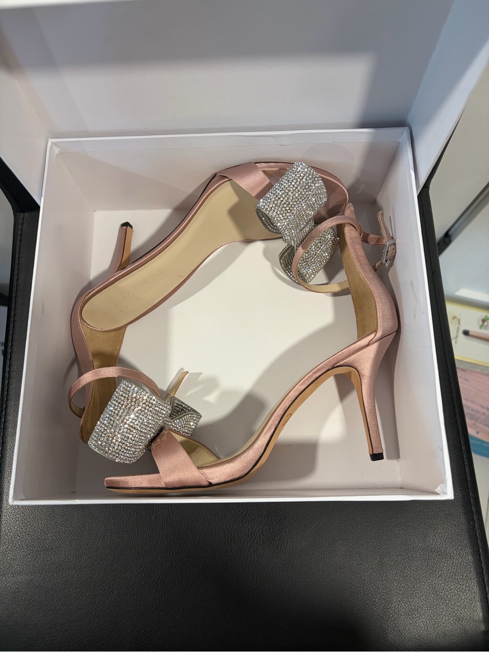 Satin Open-Toe Stiletto Sandals with Crystal Bow - Rose Pink